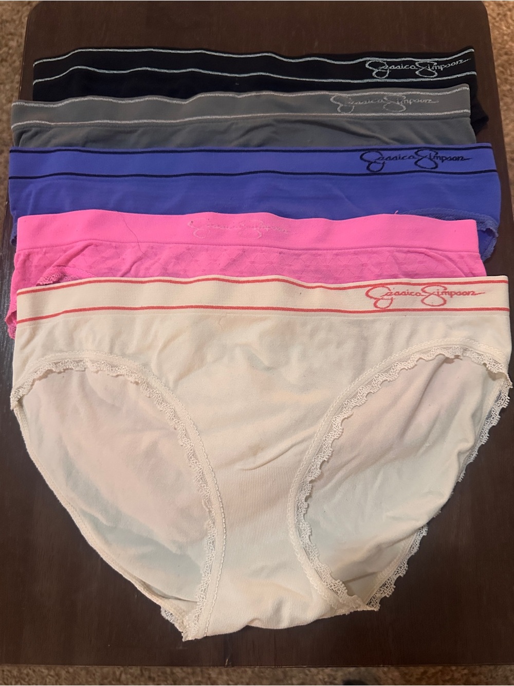 Jessica Simpson Bikini Panty Set in White, Pink, Blue, Gray & Black
